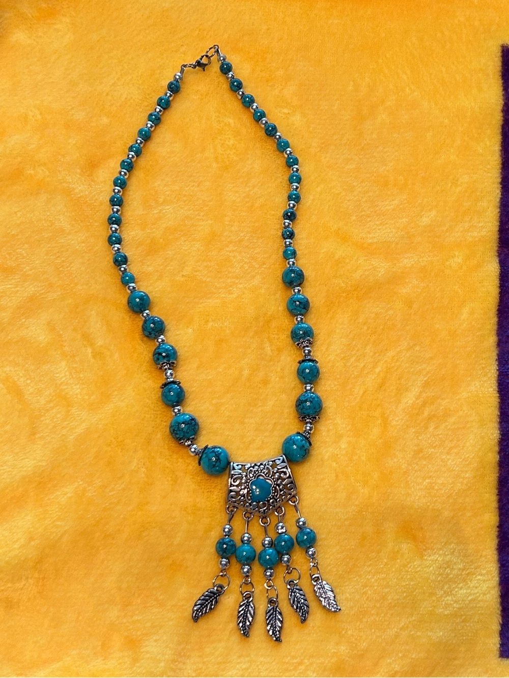 Turquoise Beaded Pendant Necklace with Silver Accents - Women Accessories